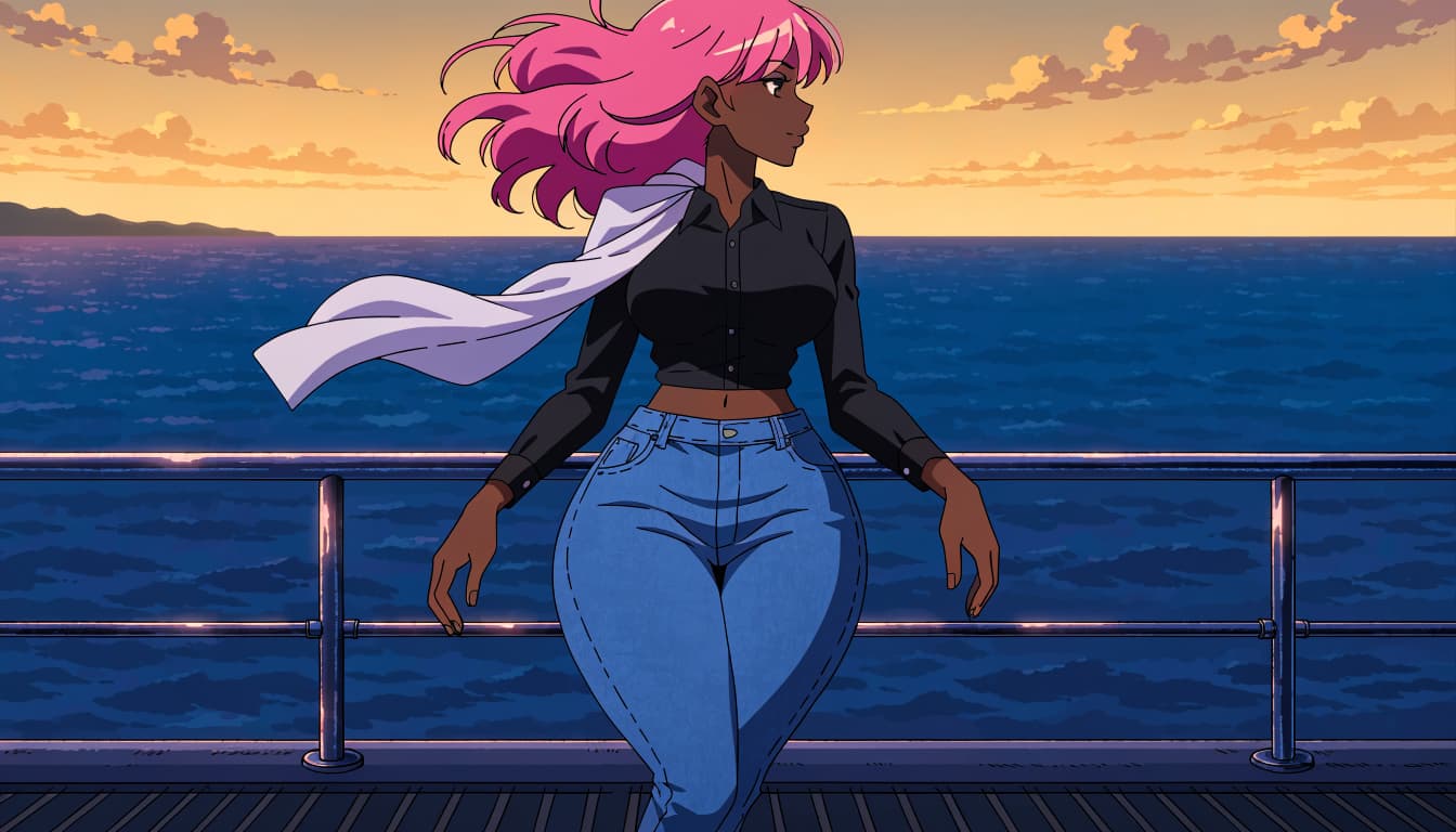 An anime-style woman with pink hair stands on a yacht deck at sunset looking out at the ocean.