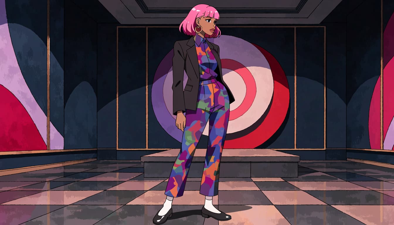 An anime-style illustration of a woman with pink hair wearing a patterned jumpsuit and blazer in a modern gallery.