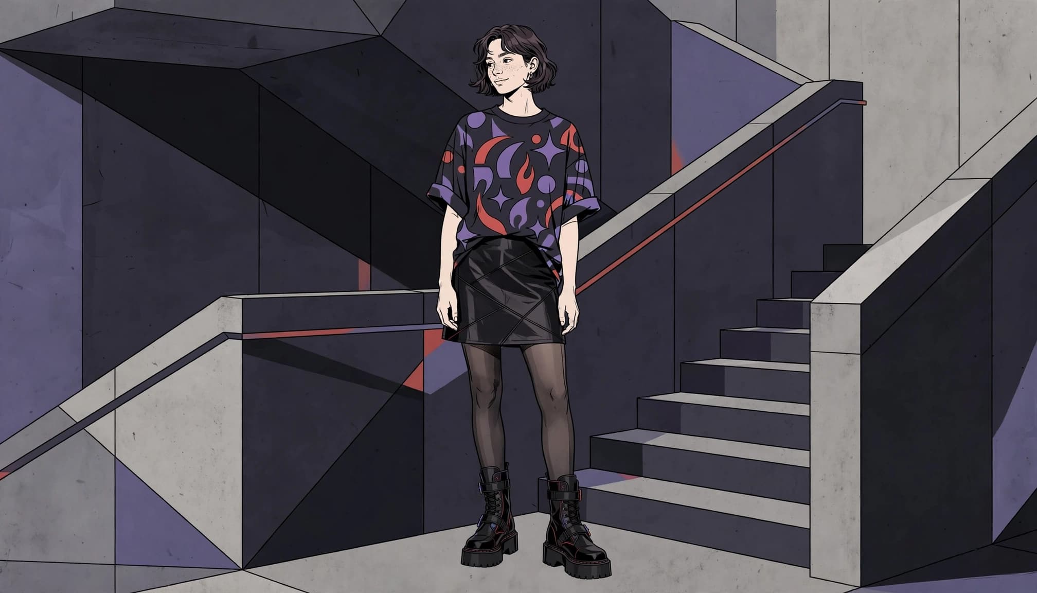 A person in a graphic tee, dark skirt, tights, and chunky boots stands on concrete stairs.