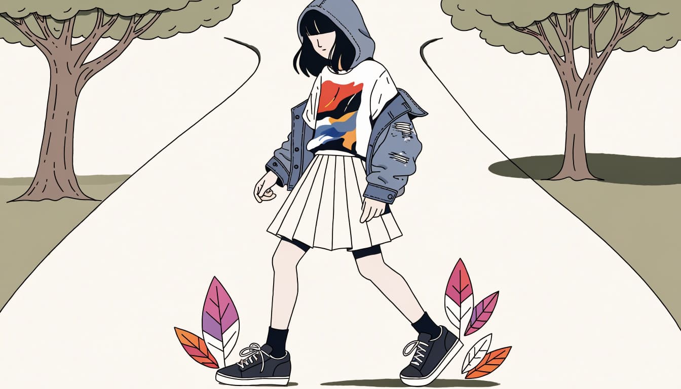 A person in a pleated skirt, graphic tee, open denim jacket, and sneakers on a park path.
