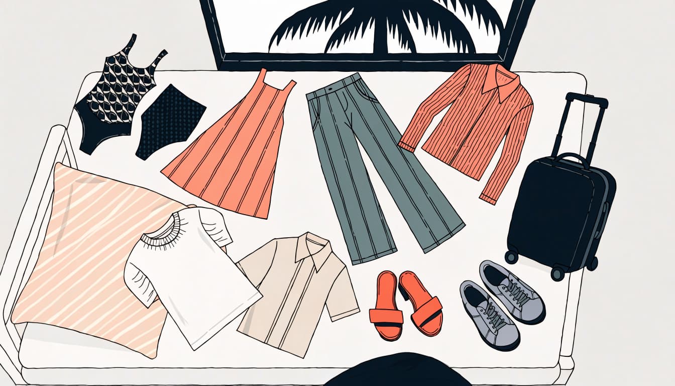 Plus-size tops, trousers, a dress, swimwear, shoes, and a small suitcase arranged on a cabin bed.