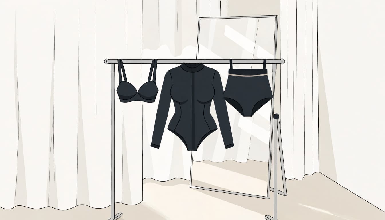 A black bra, high-waisted bottoms, and bodysuit hang on a rail beside a mirror.