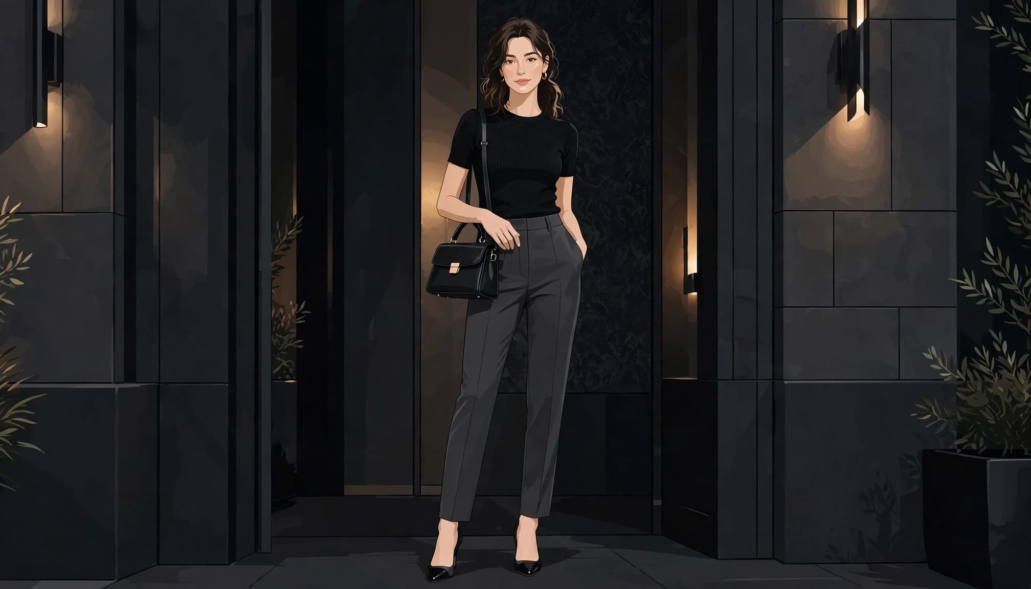 A woman in a black top and charcoal trousers stands with a small structured bag.