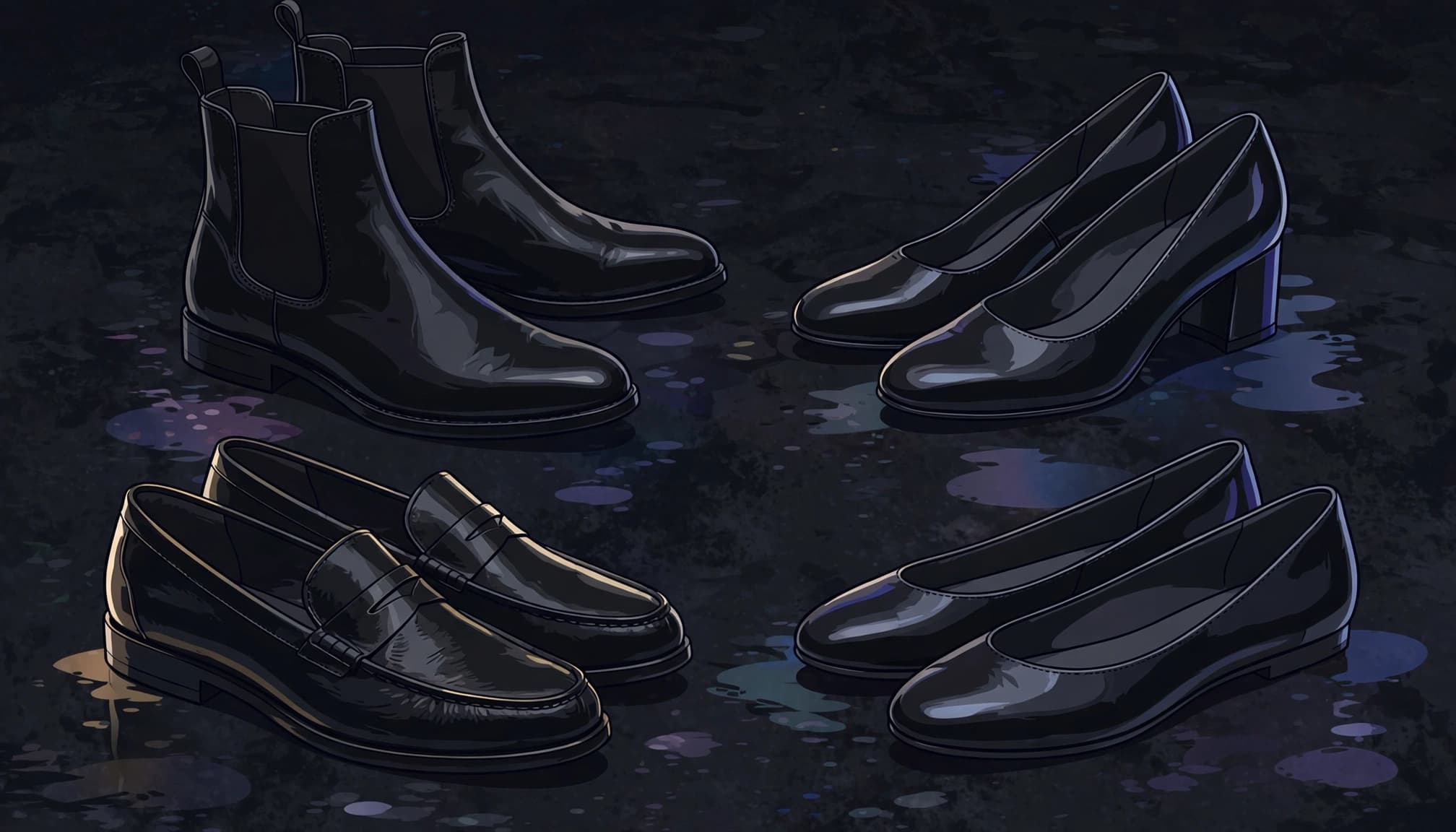 Four pairs of polished shoes arranged on a dark floor with soft reflections.