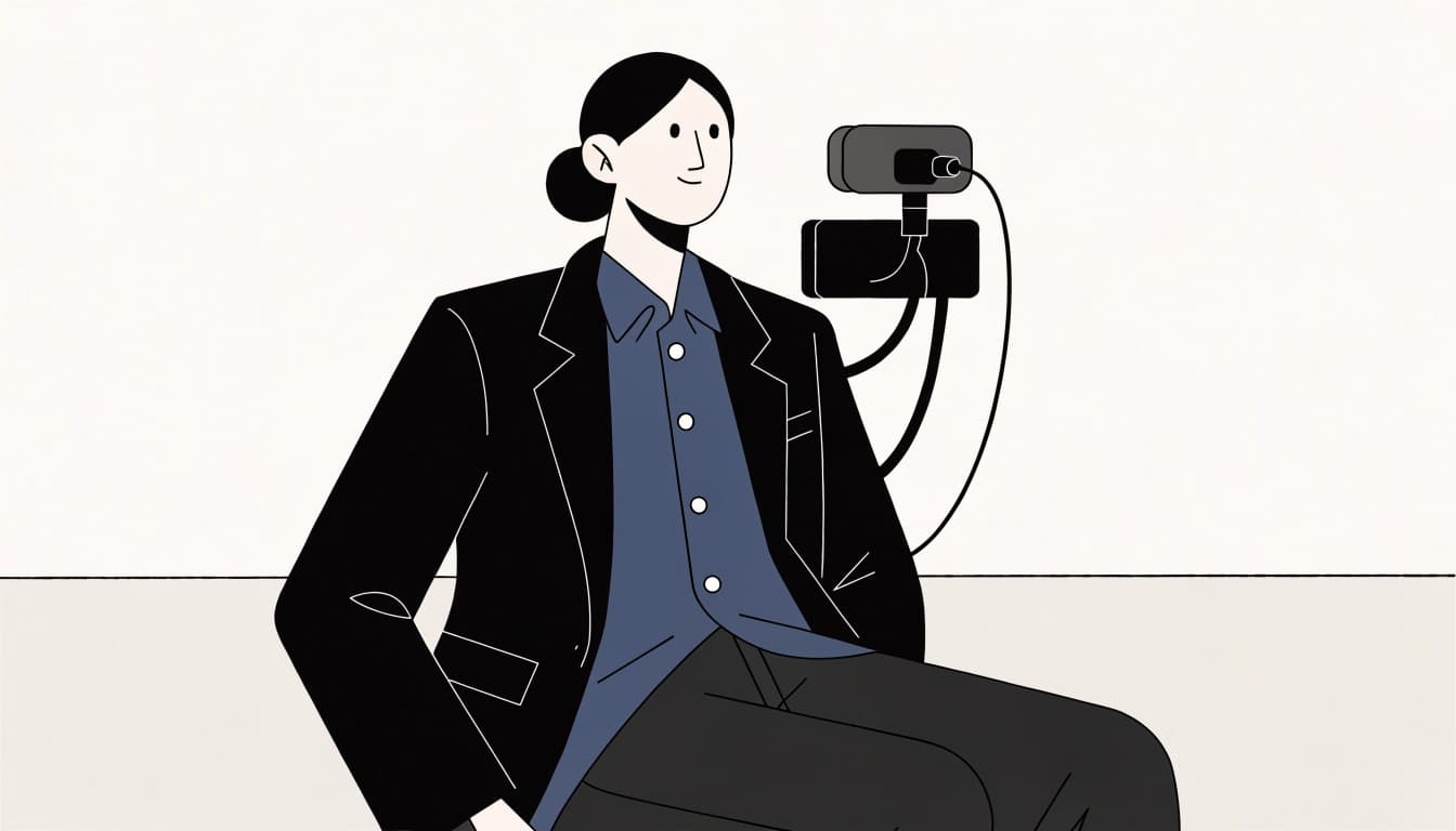 A seated candidate in a blazer and trousers sits beside a webcam.
