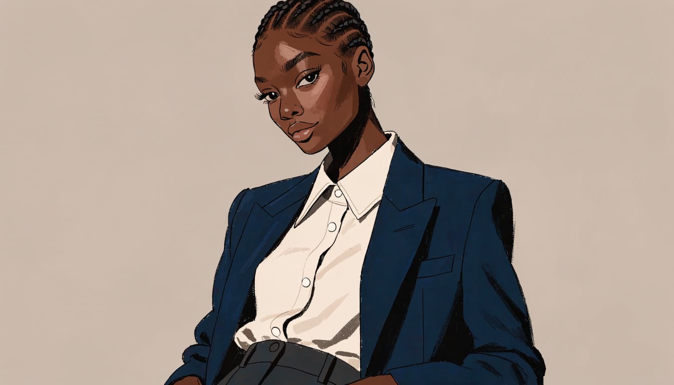 A woman in a navy blazer poses against a warm gray background.