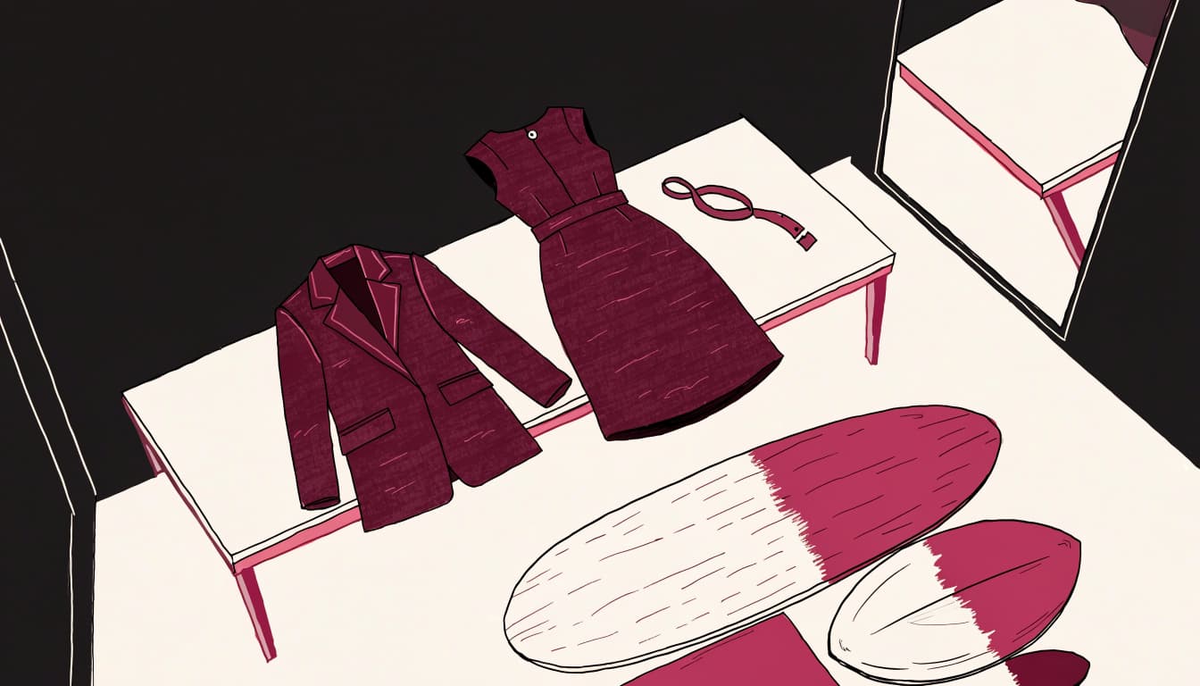 A midi dress, fabric swatches, belt, and blazer arranged on a fitting-room bench.