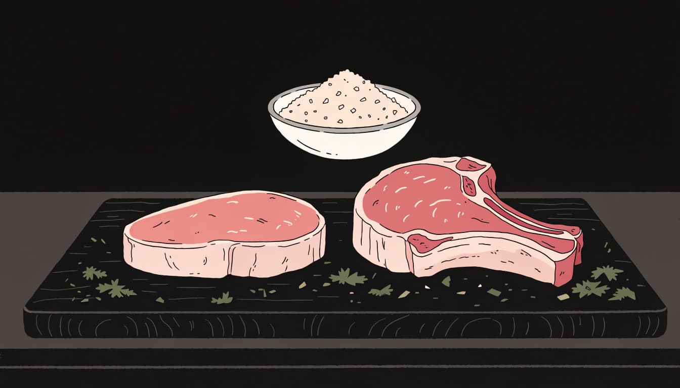 A thin pork cutlet beside a thick bone-in chop with breadcrumbs and parsley.