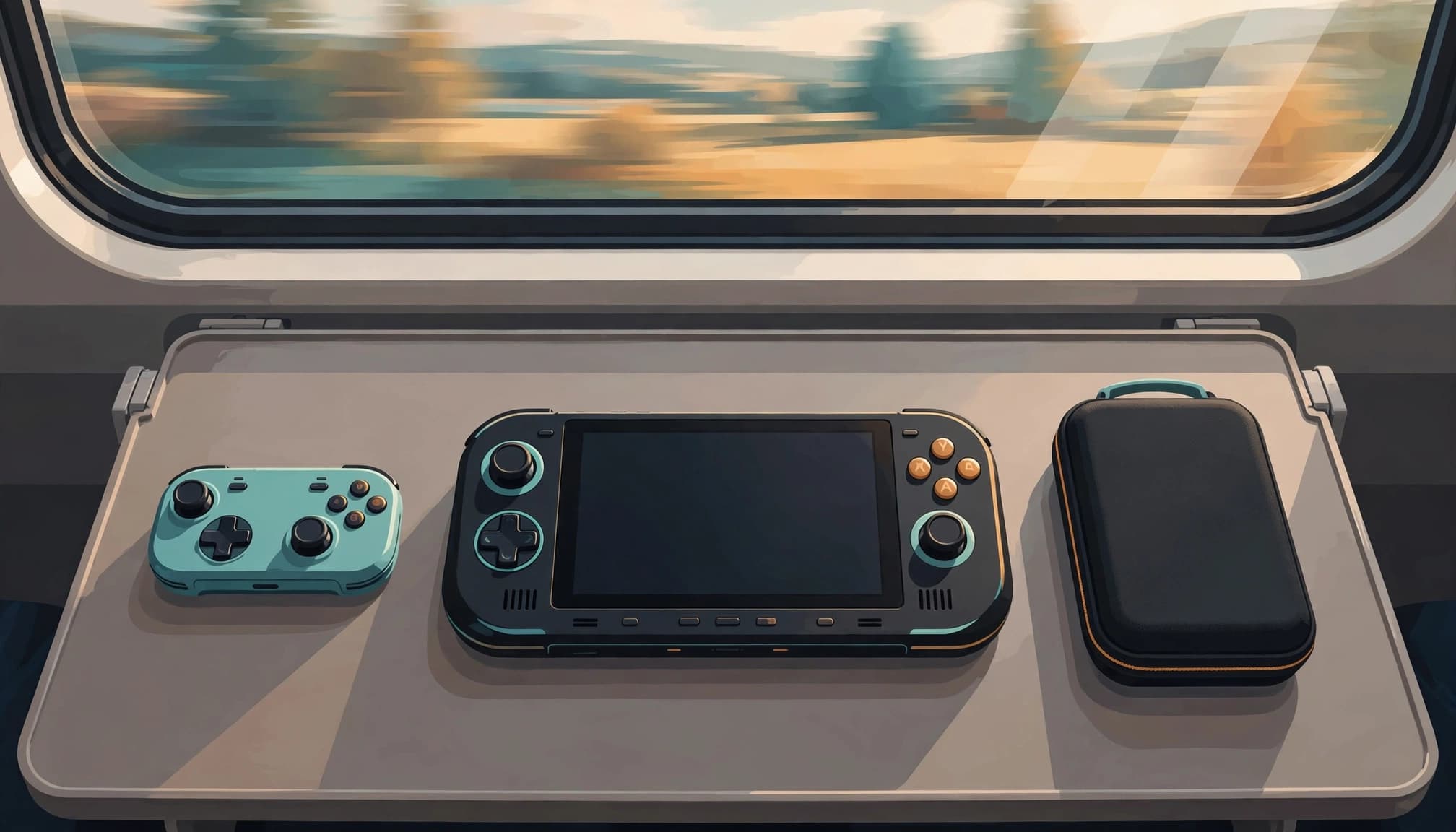 A handheld gaming PC, controller, and closed case rest on a train table by the window.