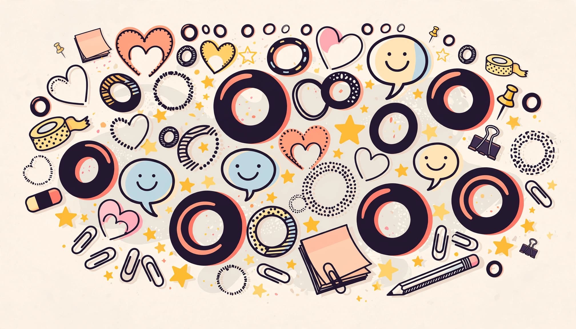Playful O shapes, hearts, stars, and speech bubbles arranged on a clean background.