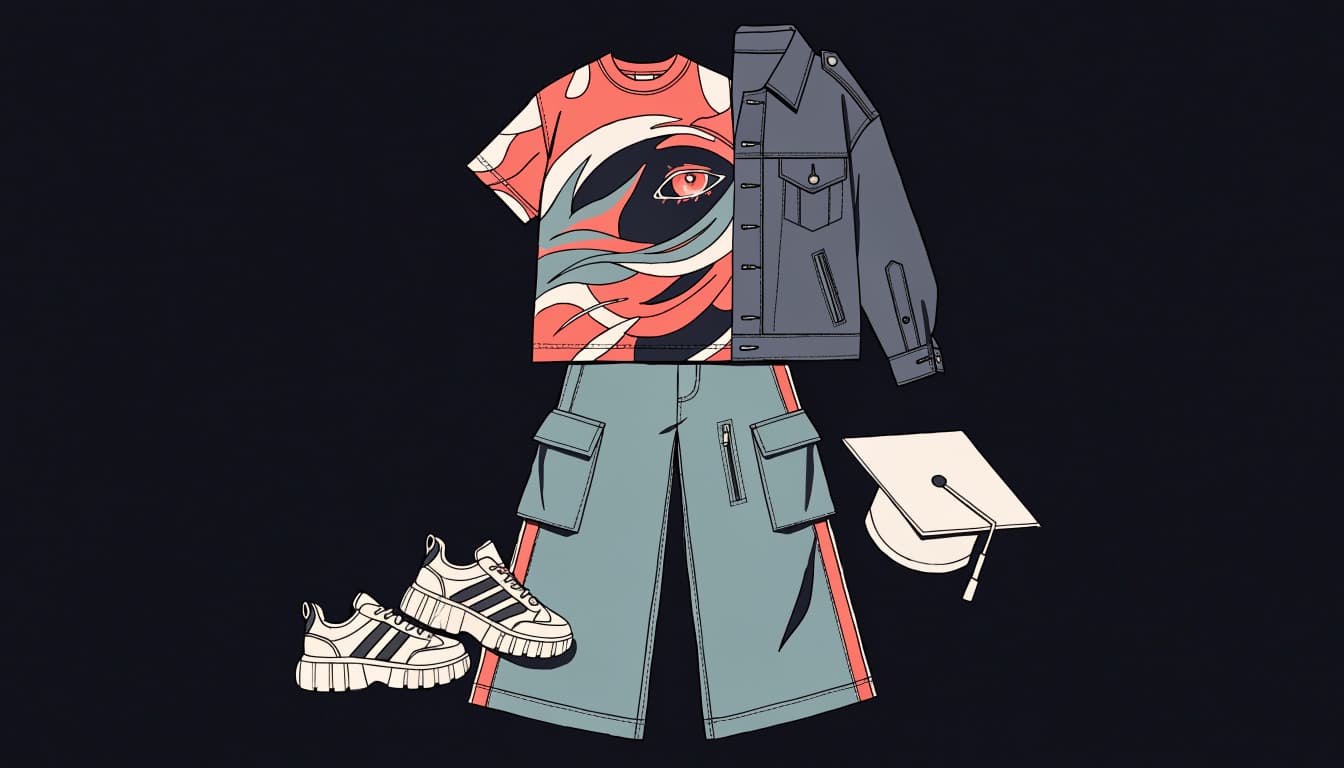 A graphic tee, cargo pants, denim jacket, sneakers, and graduation cap arranged together.