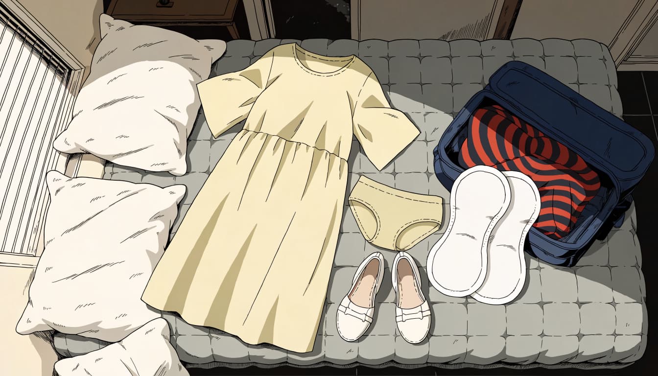 A roomy dress, underwear, maternity pads, and slip-on shoes sit beside an open bag.