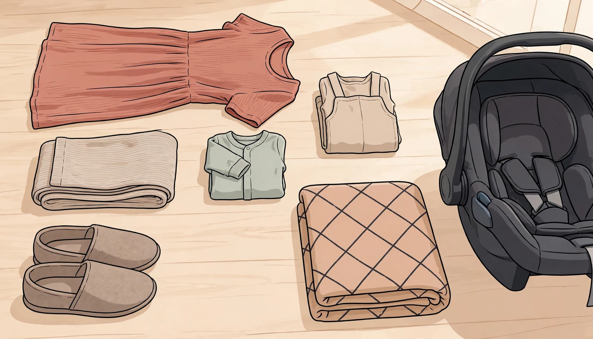 A maternity dress, leggings, shoes, baby outfits, and blanket sit beside a car seat.