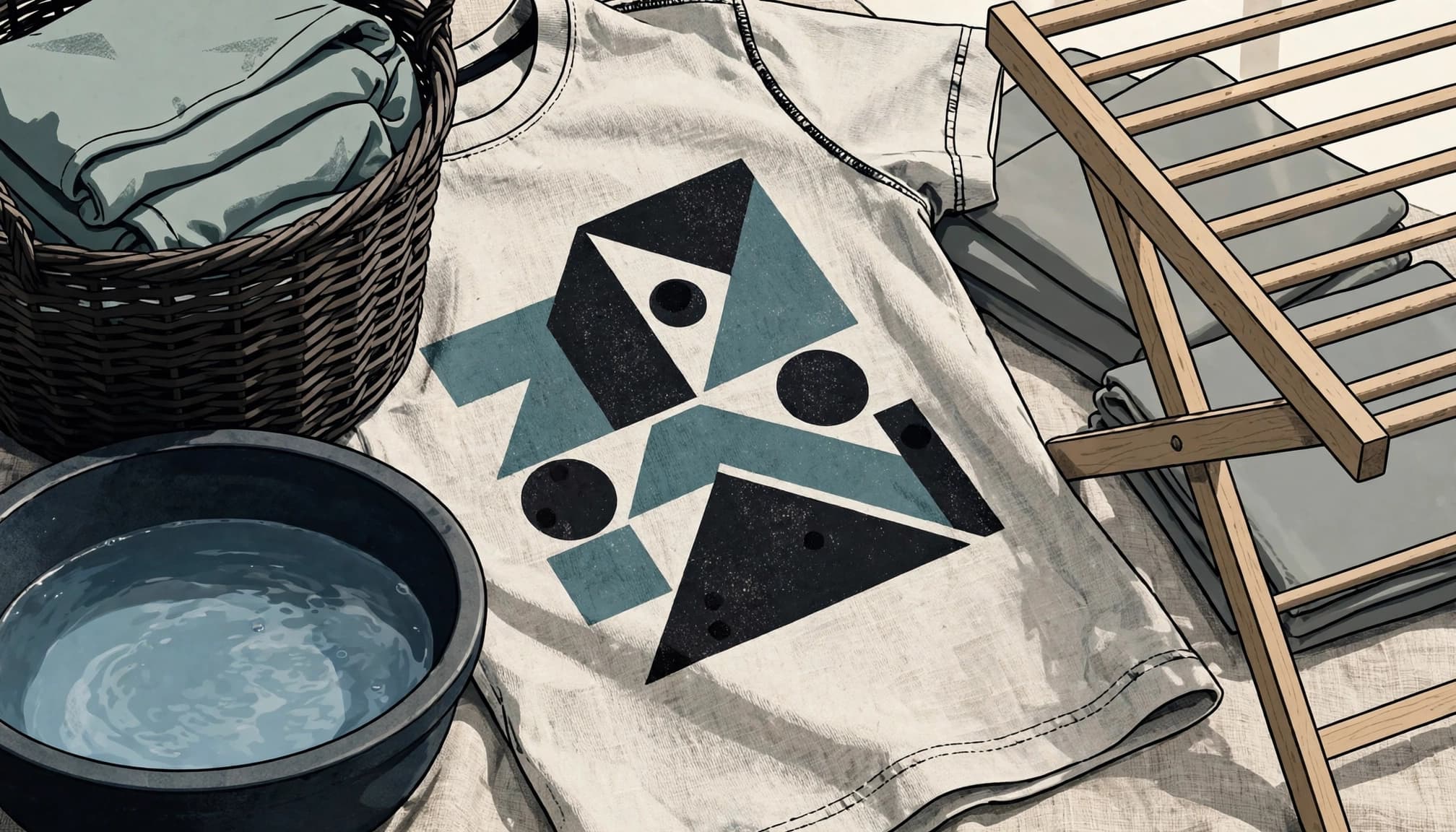 Graphic T-shirt beside a laundry basket, wash basin, folded garment, and wooden drying rack.