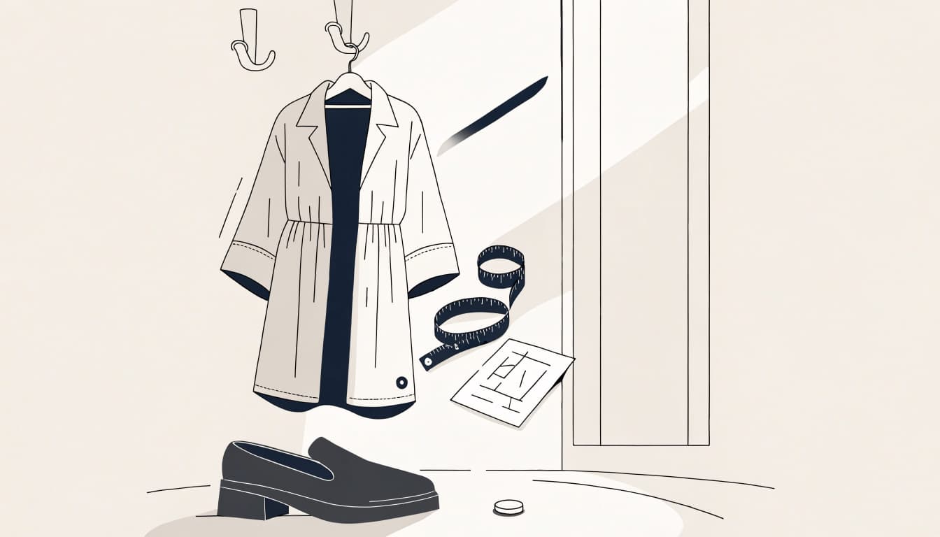 A robe, tape measure, size chart, and shoes sit beside a full-length mirror.