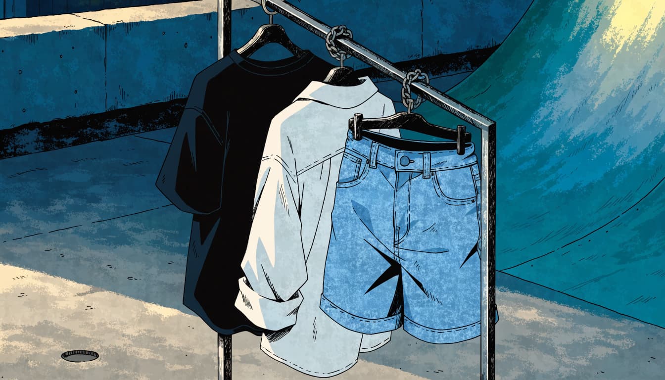 A dark tee, denim shorts, and overshirt hang on a rack at a sunny skate spot.