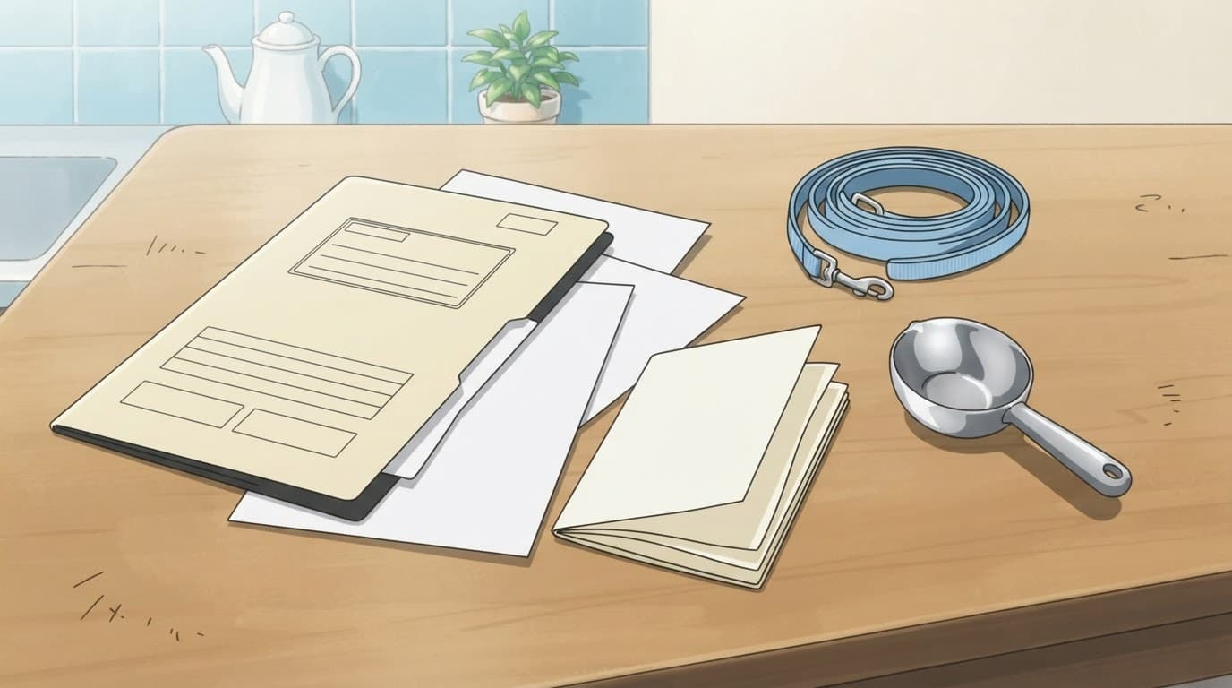 A folder, vaccination booklet, food scoop, and leash arranged on a kitchen table.