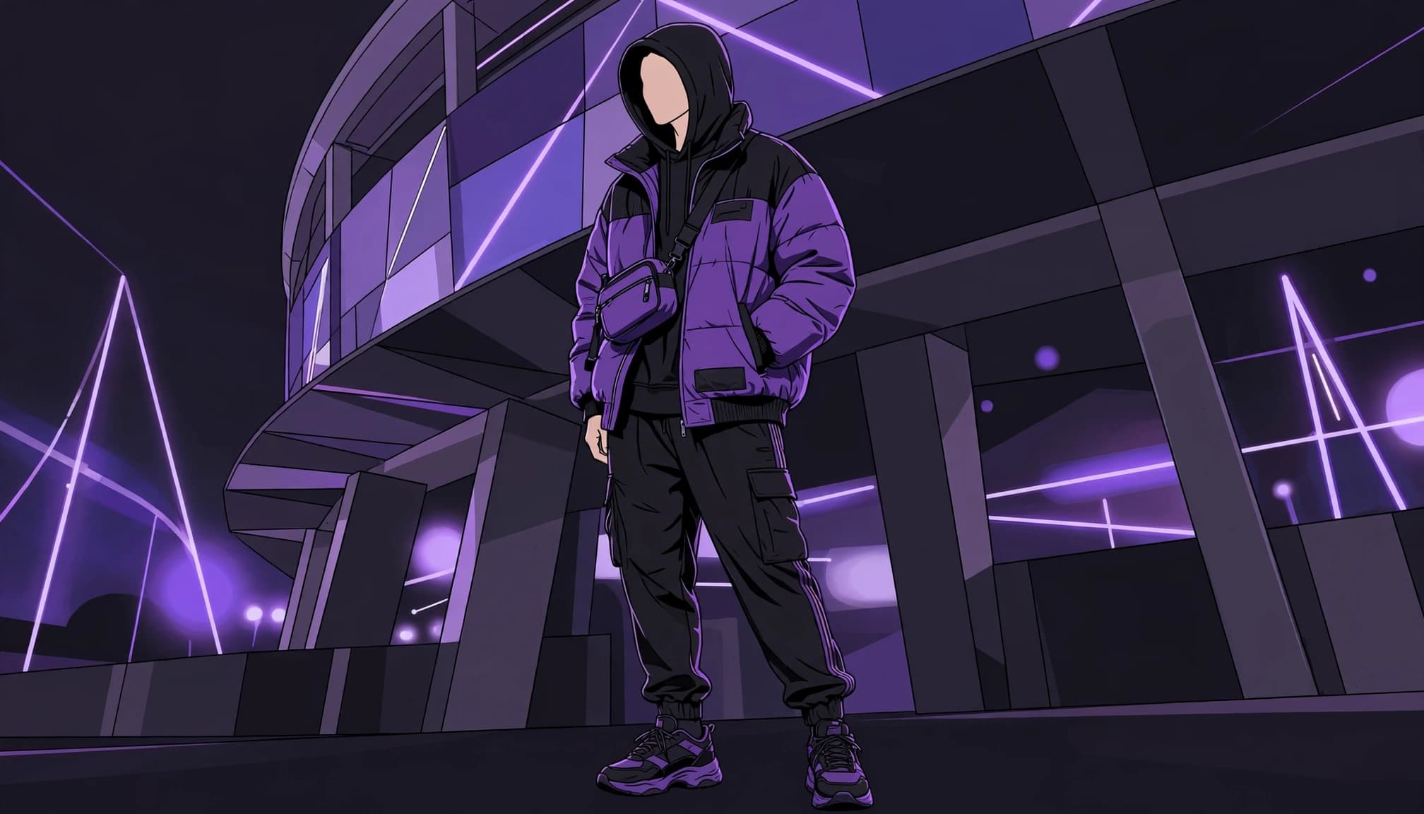 A concertgoer in purple-and-black streetwear stands outside an arena at dusk.