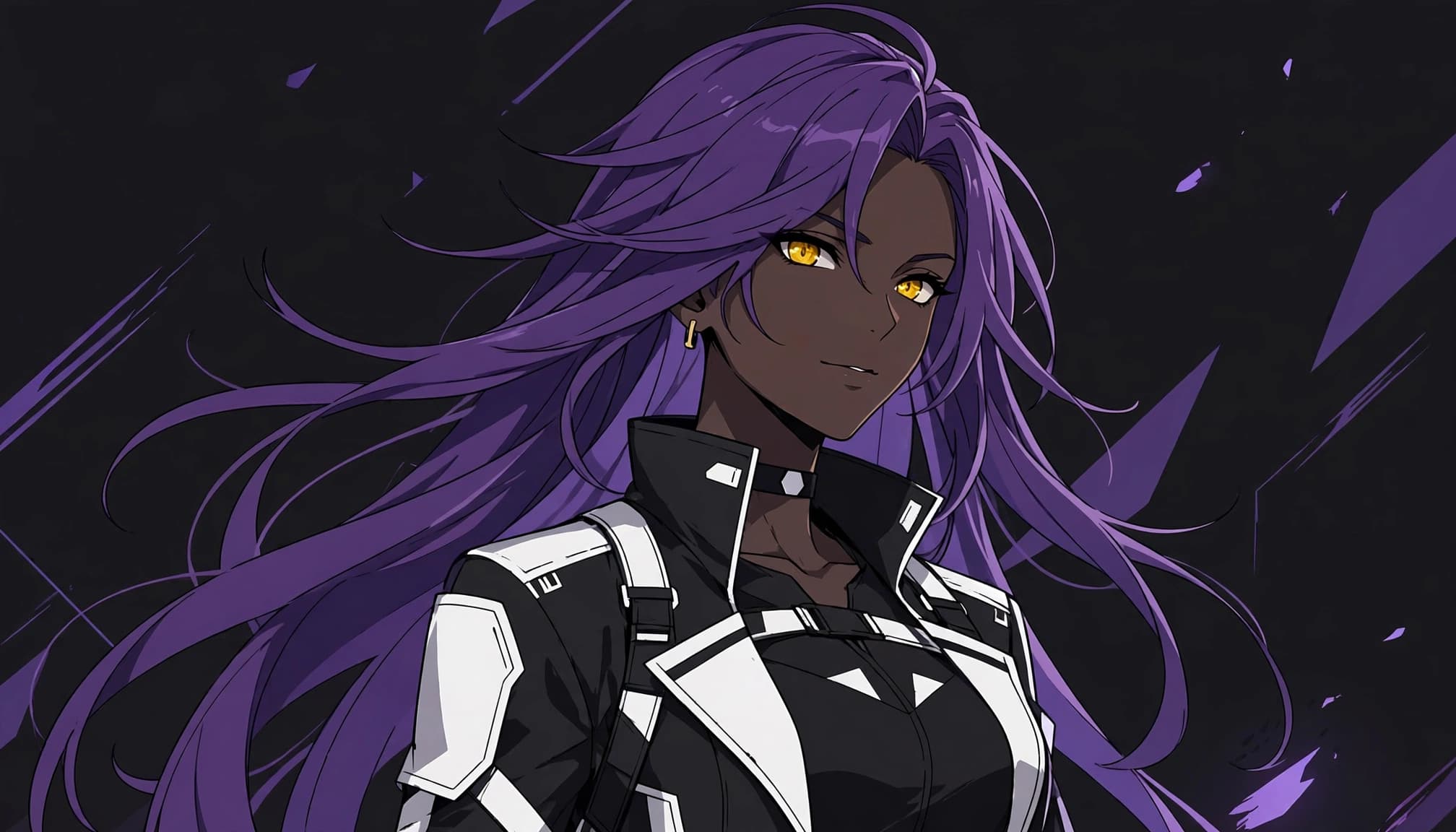 A purple-haired woman in a black-and-white combat outfit against a dark background.