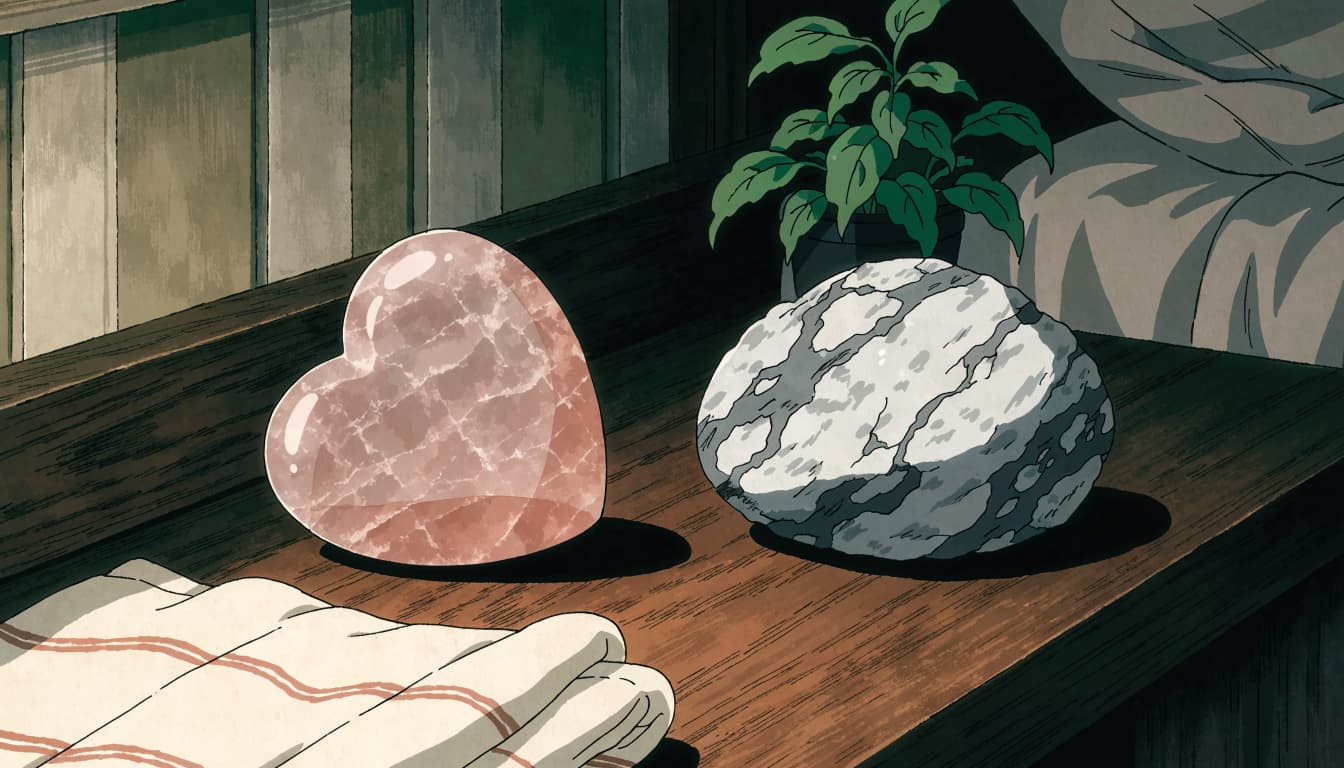 A rose quartz heart and smoky quartz pebble sit on a sunlit wooden shelf.