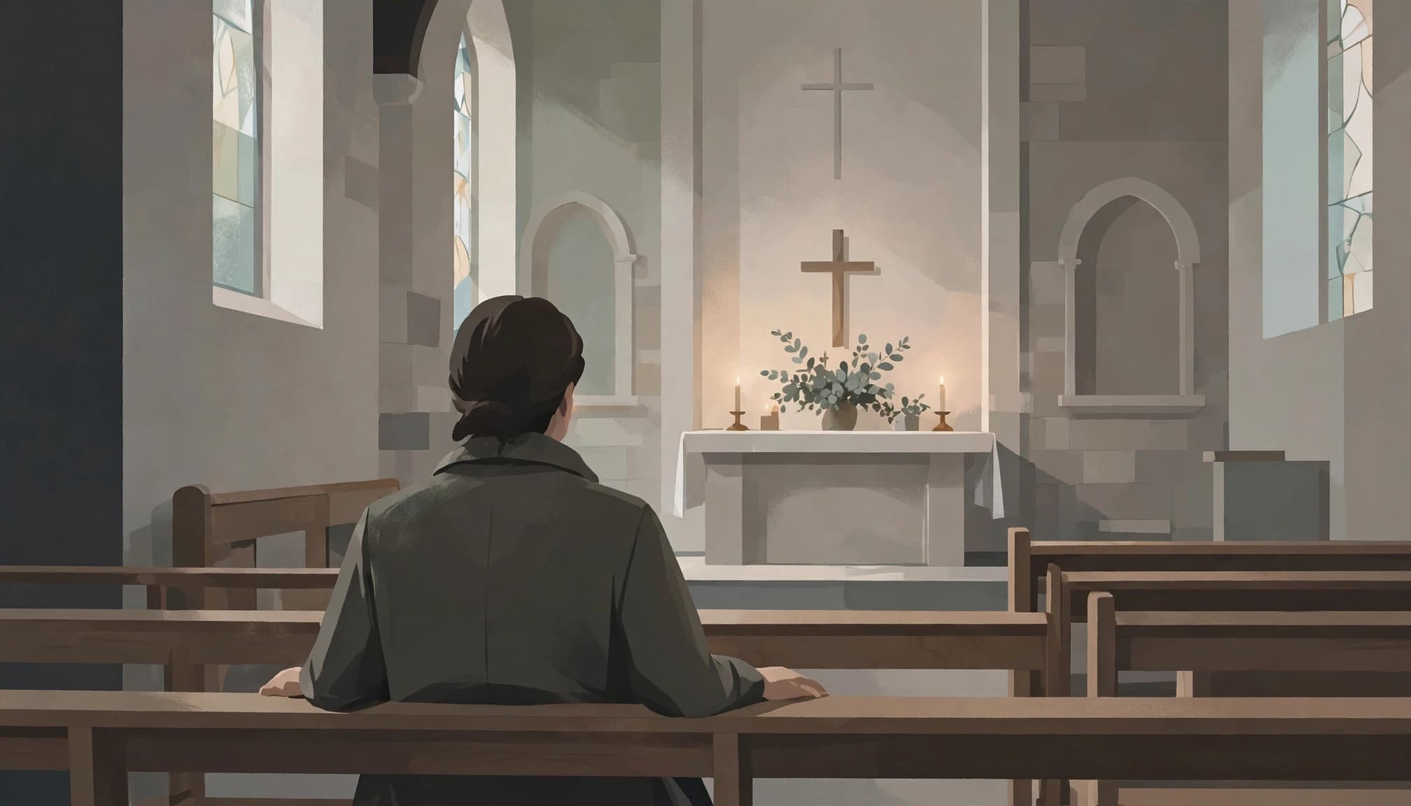 One person sits in a church pew facing a softly lit altar.