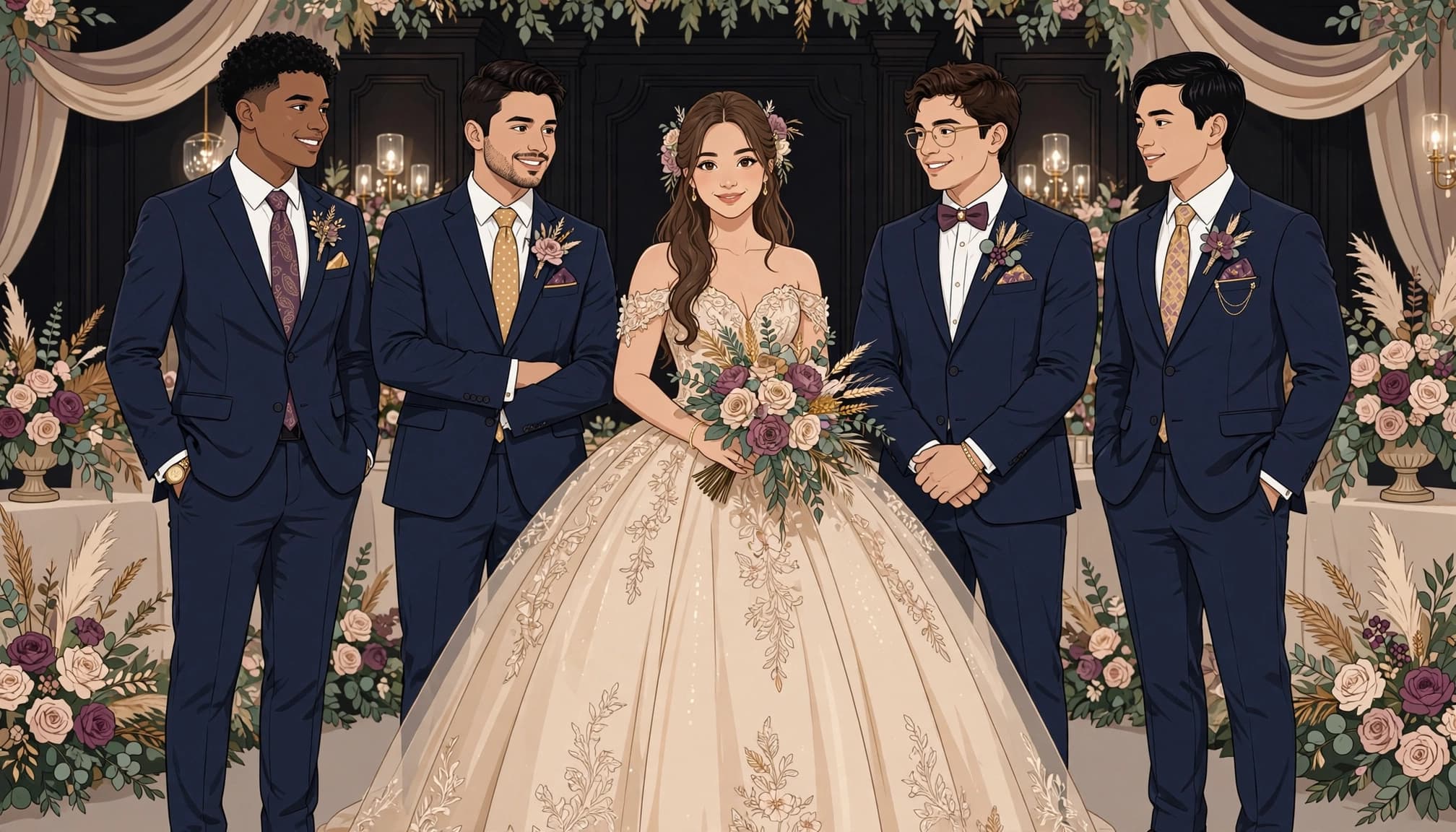 A quinceañera in a champagne gown poses with four chambelanes in navy suits.