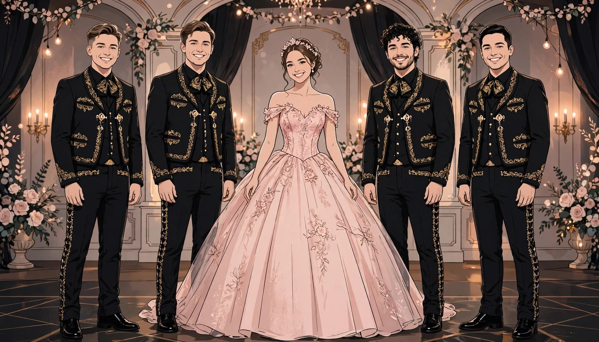A quinceañera and four chambelanes pose together in a warmly lit ballroom.