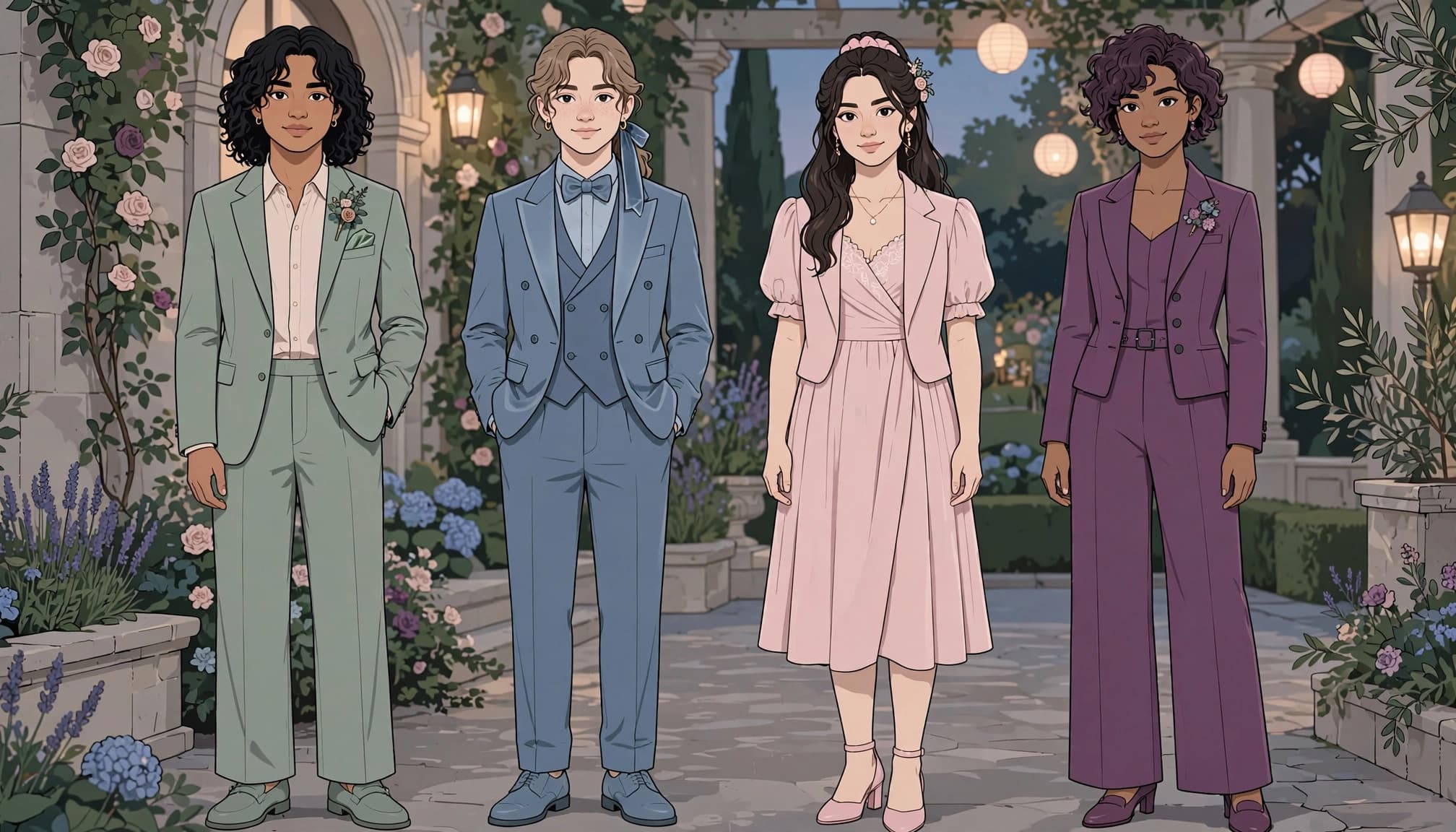 Four teens in different colored formalwear pose in a garden courtyard at dusk.