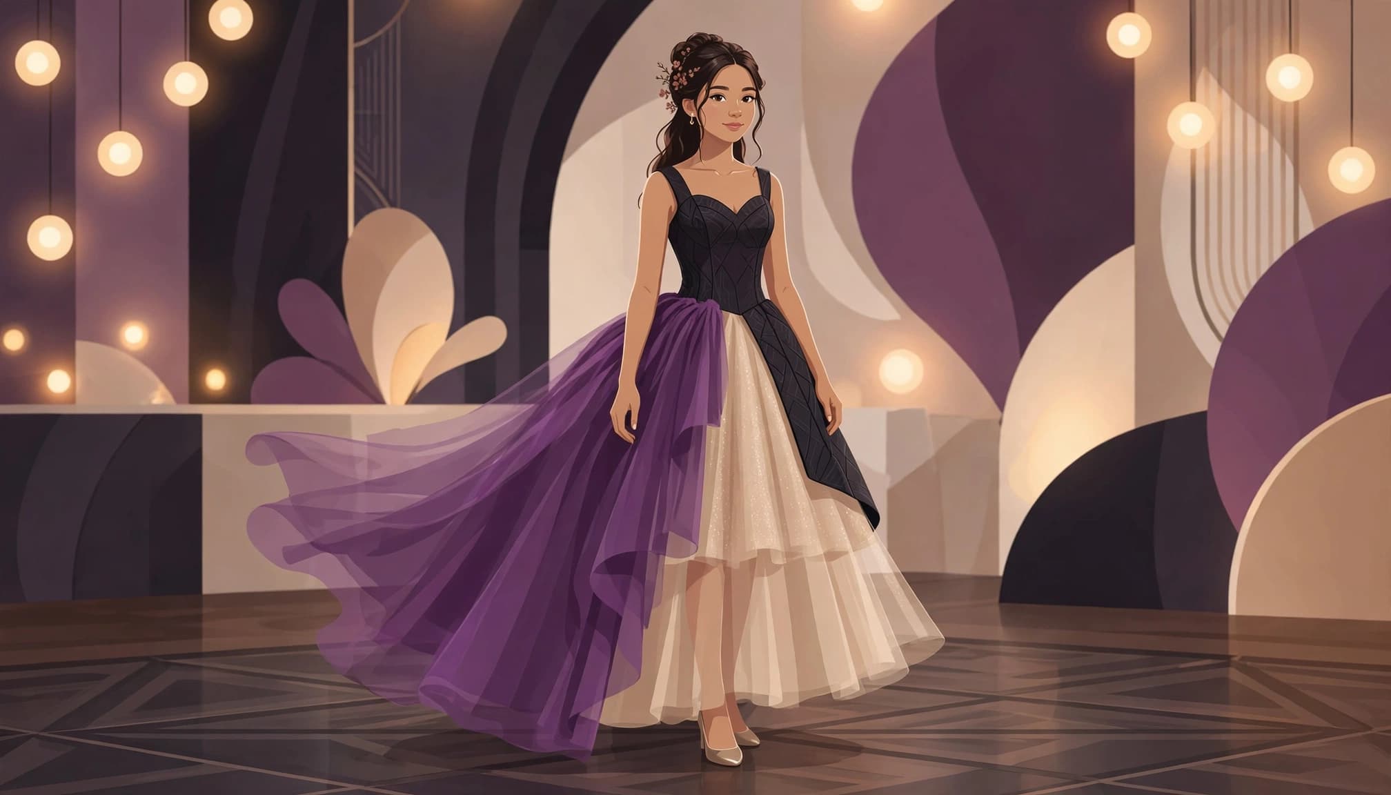 A quinceañera in a plum-and-champagne gown with its overskirt partly detached.