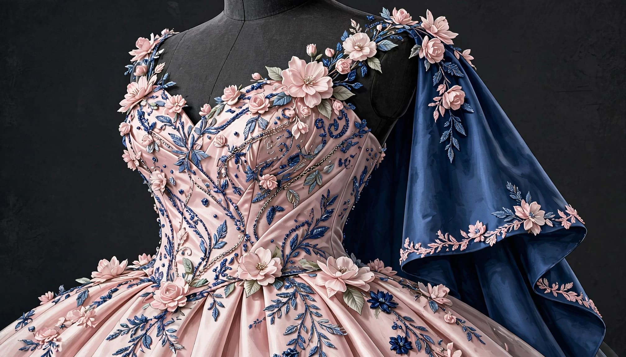 A sapphire gown with floral details and a detachable cape on a dress form.