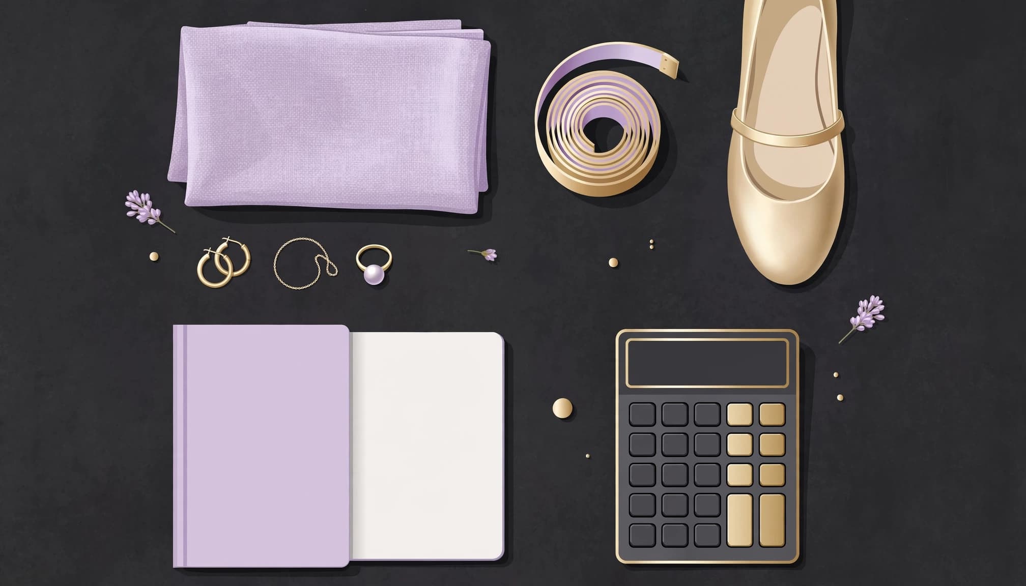 A fabric swatch, shoe, jewelry, measuring tape, notebook, and calculator arranged on a dark tabletop.