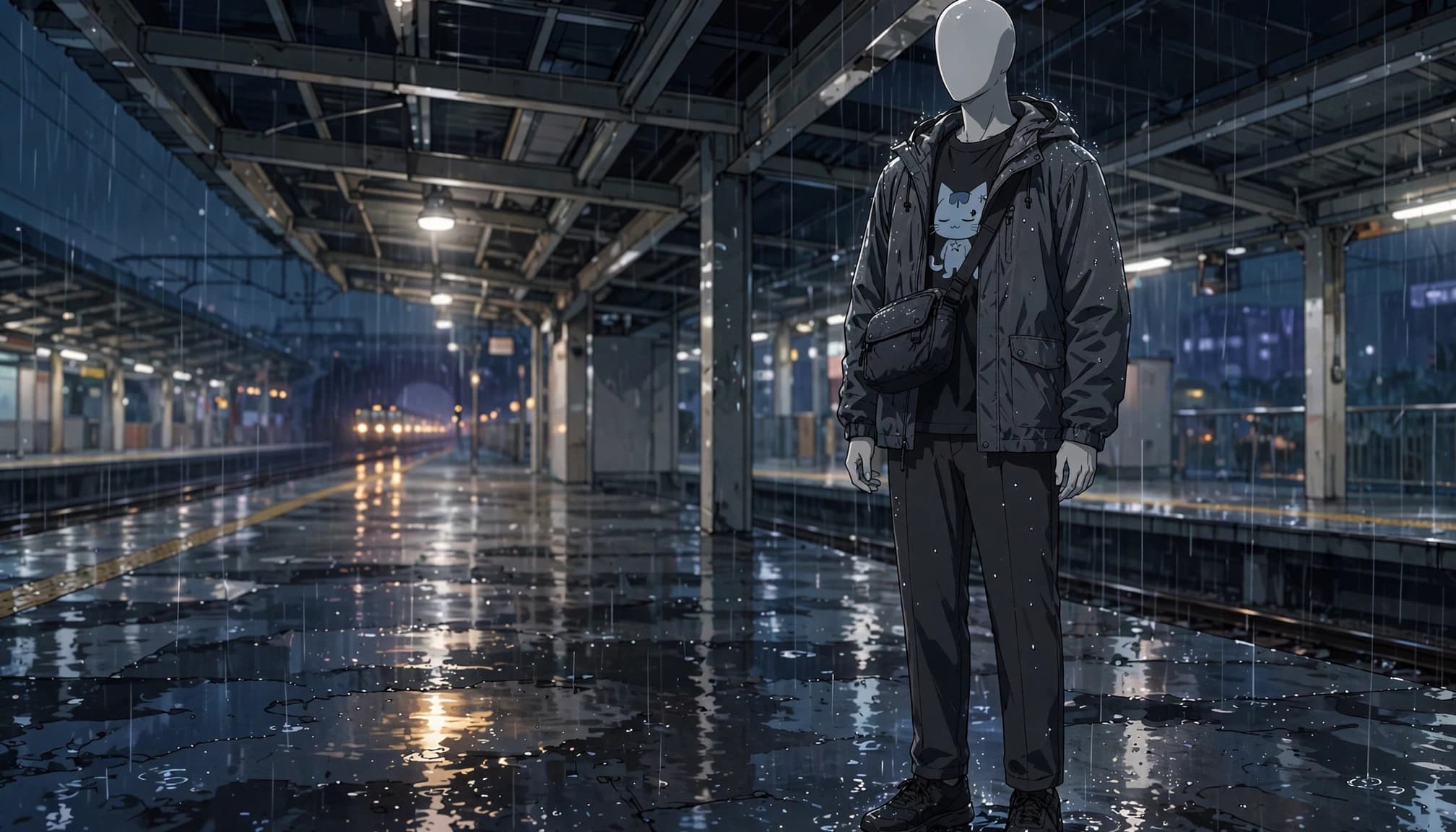 A mannequin wears a charcoal rain jacket, graphic tee, trousers, crossbody bag, and black trainers on a wet platform.