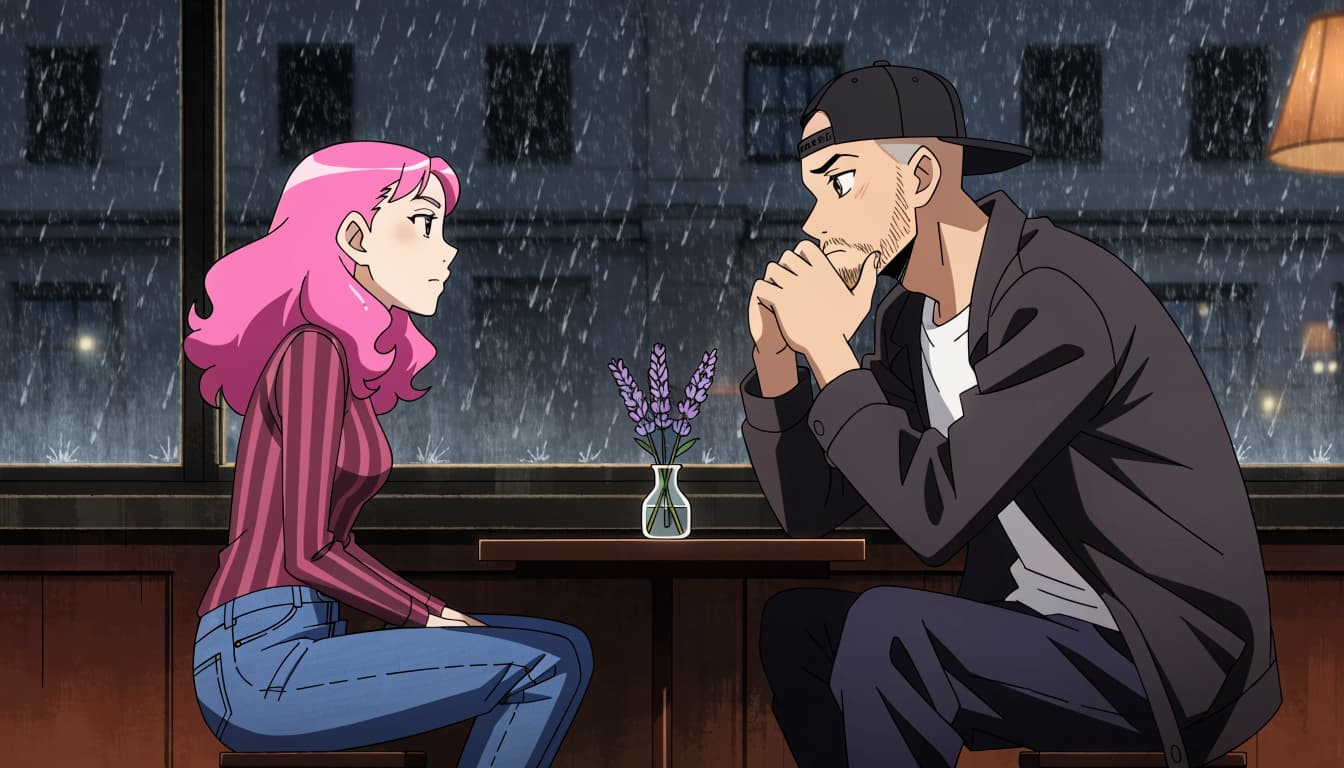 An anime-style illustration of a woman with pink hair and a man in a black cap talking across a cafe table in the rain.