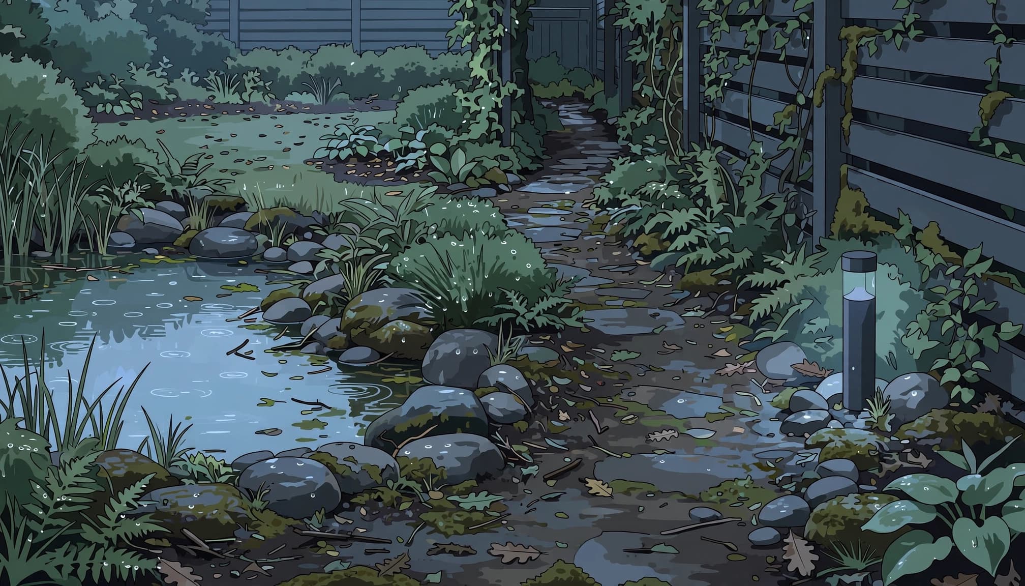 A damp garden pond edge with stones, leaves, and a sheltered path.