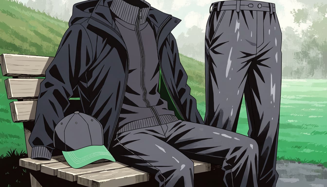 Golf layers and a cap rest on a bench beside a misty fairway.