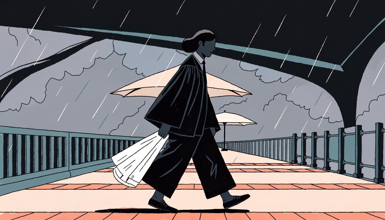 A graduate holds a folded poncho on a rainy campus walkway.