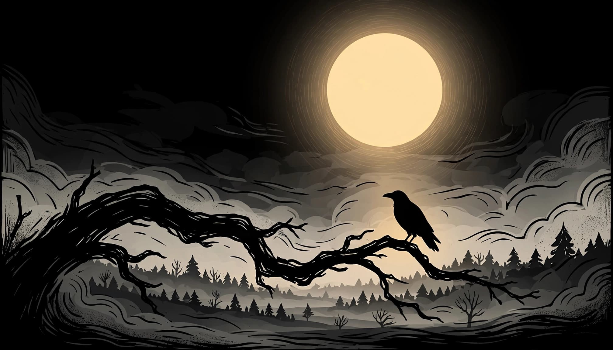 A black raven sits on a crooked branch beneath a pale moon in mist.