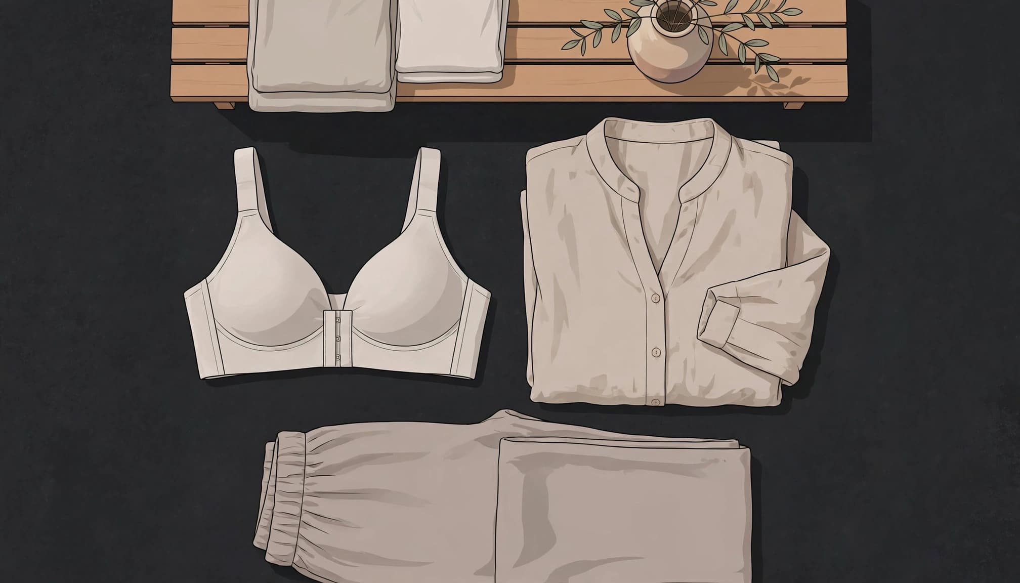 A support bra, loose shirt, and pajama pants rest on a bedroom bench beside a vase.