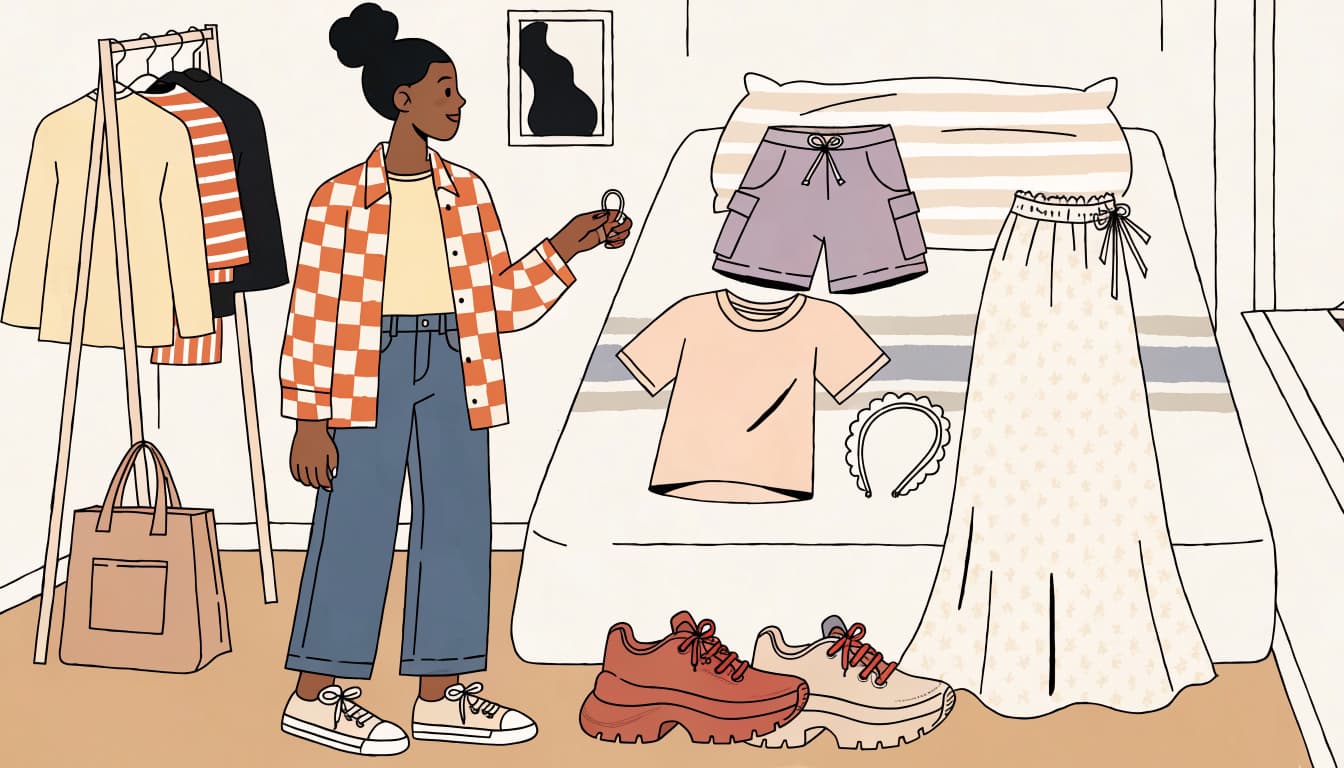 A student considers a top, shorts, skirt, and sneakers laid out on a bed.
