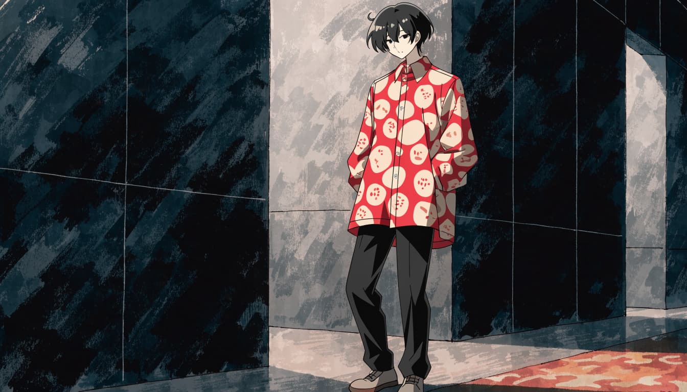 A person in a red-and-cream patterned shirt and black trousers stands in a dim gallery.