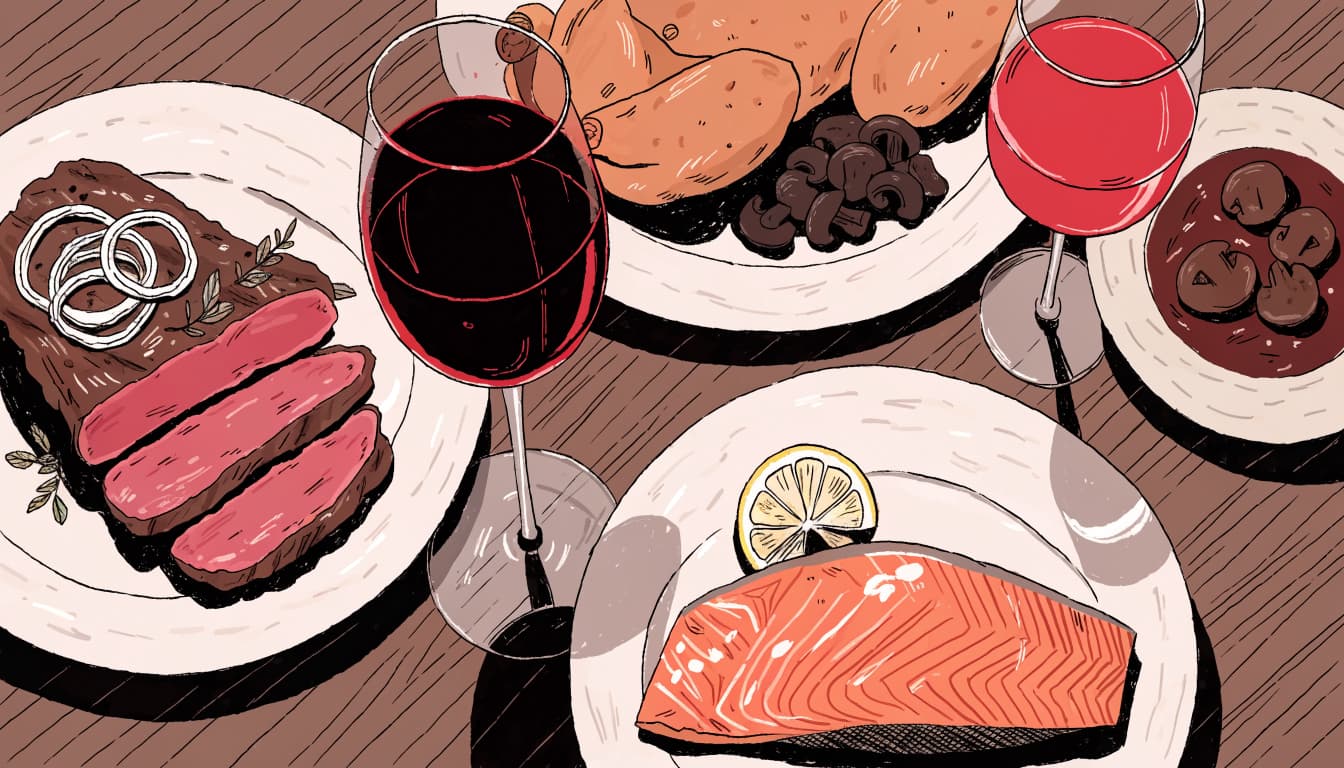 Steak and Cabernet sit opposite chicken, mushrooms, salmon, and Pinot Noir.