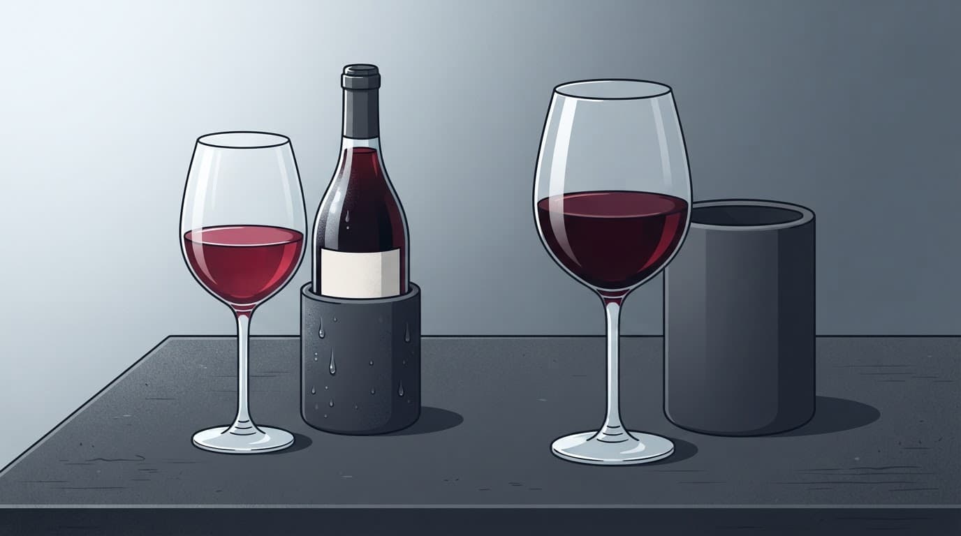 Two red wine glasses sit beside a cooler sleeve and a small chilled bottle.