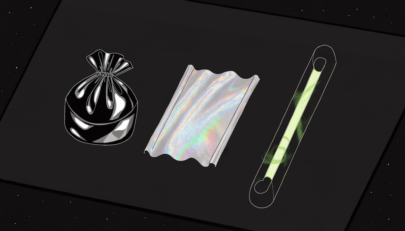 A reflective pouch, iridescent fabric swatch, and lime-glowing accessory on a dark table.