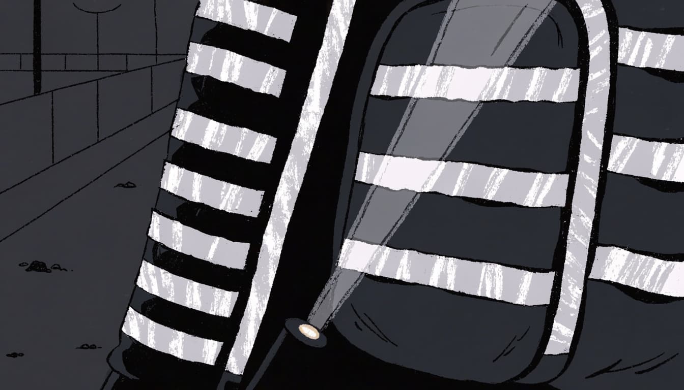 A safety light illuminates reflective strips on a jacket sleeve and backpack at night.