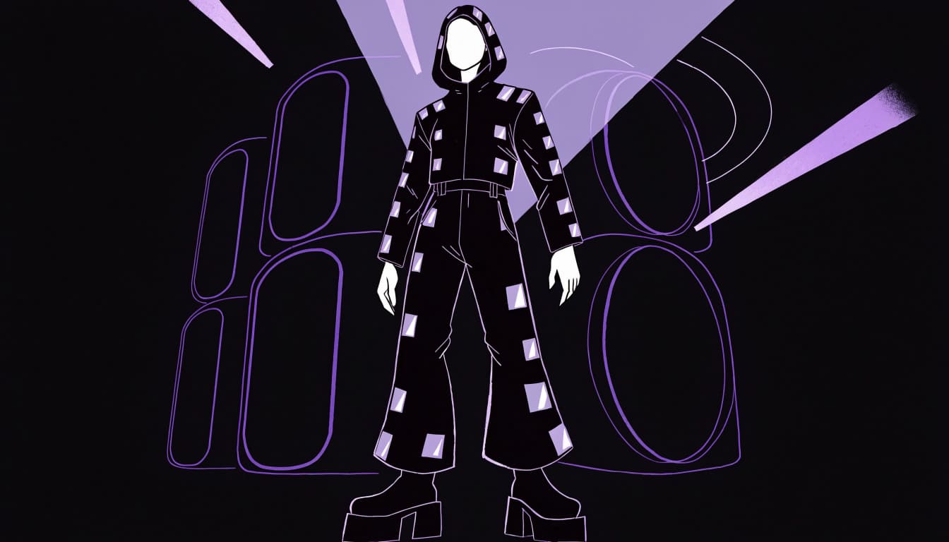 A rave attendee in dark clothing with silver reflective details stands beneath sparse concert lights.