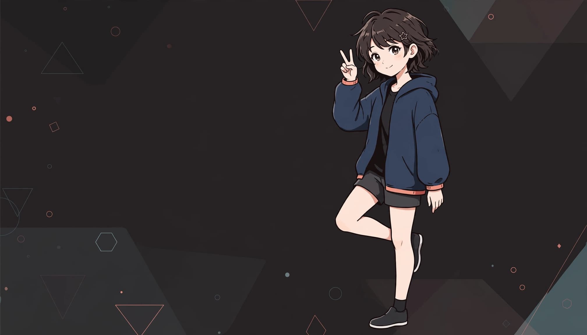 Anime character in a relaxed standing pose with one bent leg and a peace sign.