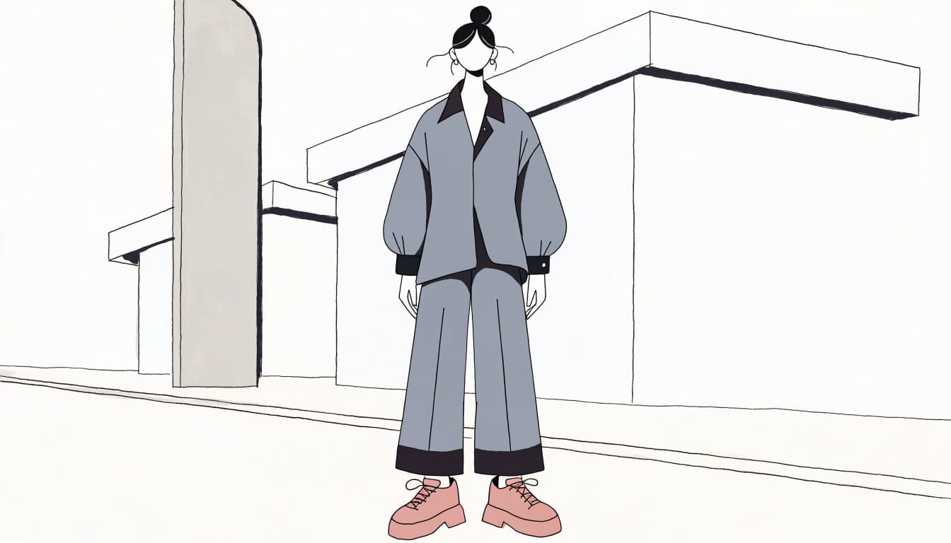 A figure in a long overshirt and wide-leg jeans stands on a simple city sidewalk.