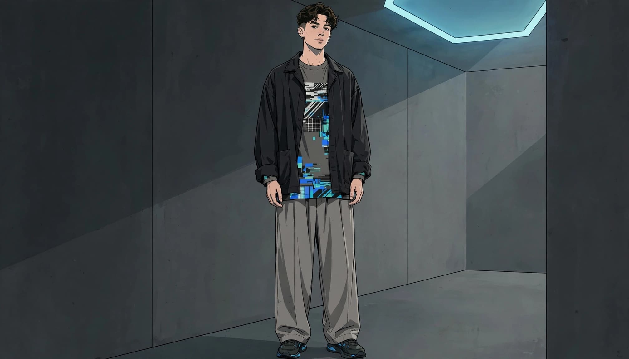 One person wears a graphic tee, open overshirt, wide-leg trousers, and sneakers in a concrete hallway.