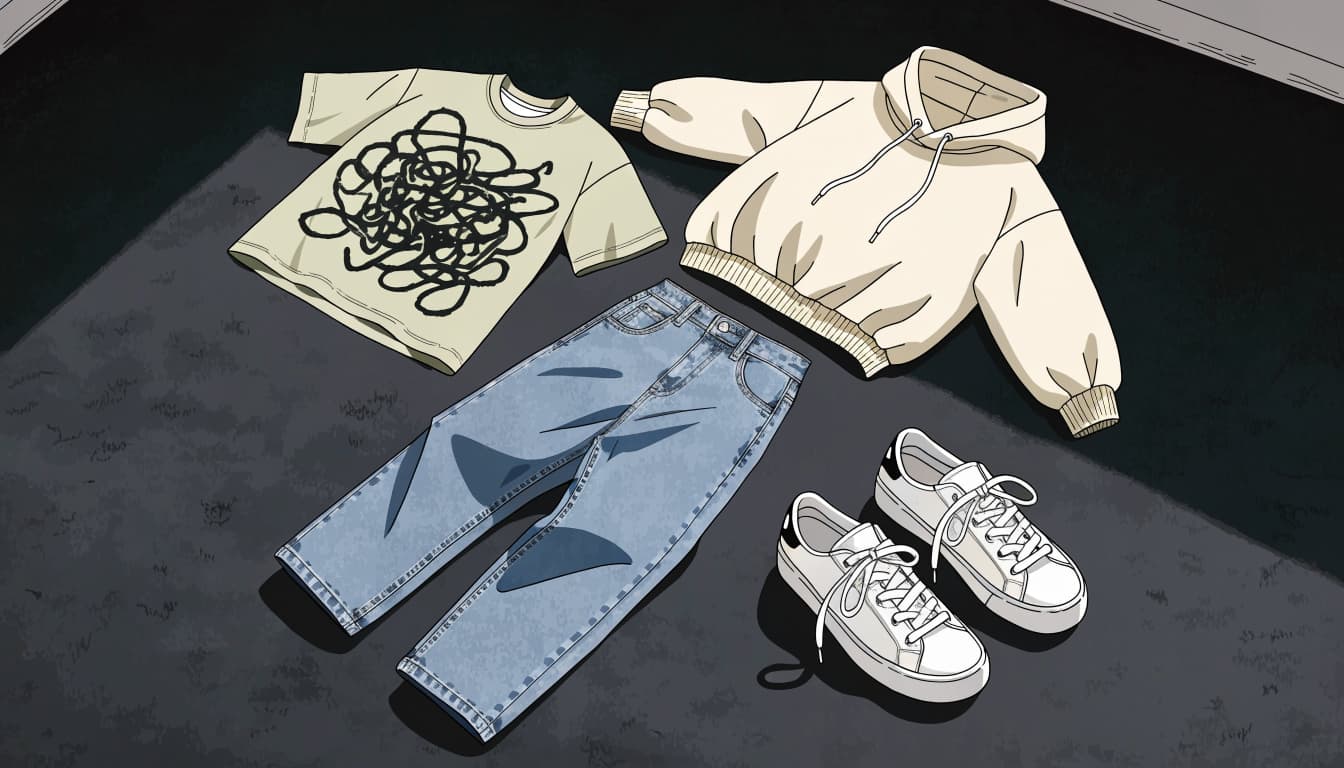 A graphic tee, jeans, sneakers, and hoodie arranged on a charcoal floor.