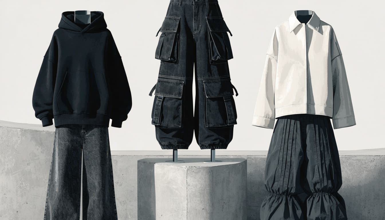 Three dress forms showcase different relaxed streetwear outfits on concrete plinths.